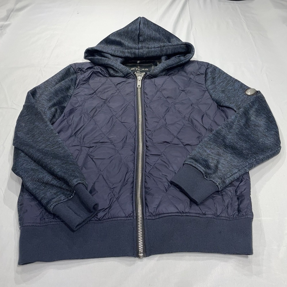 Jetlag Icon Heritage Mens XL Navy Blue Quilted Down Hybrid Knit Hoodie Jacket